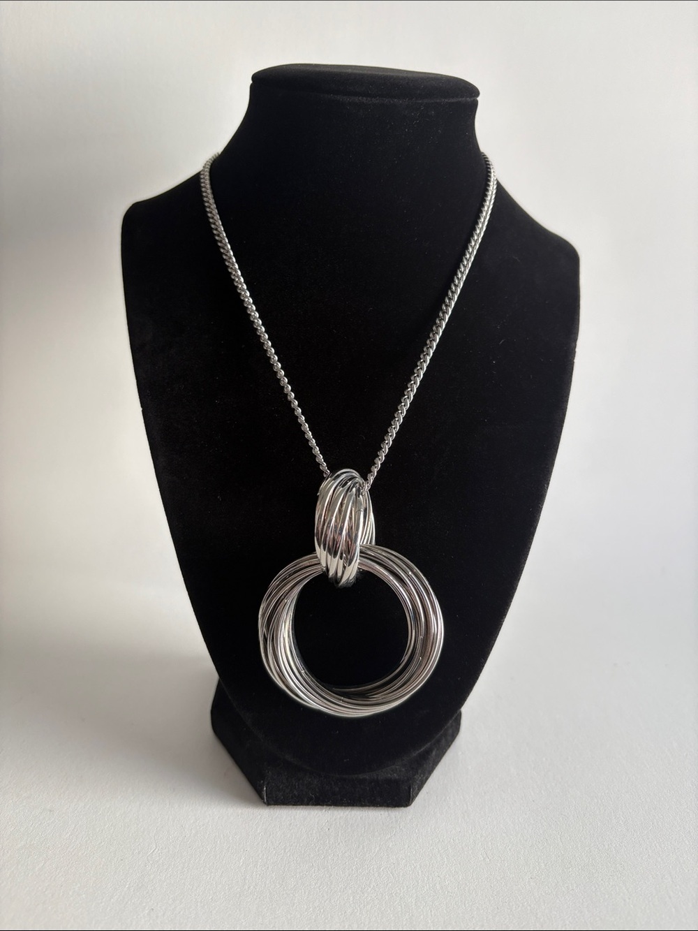 Silver Multi Ring Pendant Necklace Modern Statement Women Jewelry
